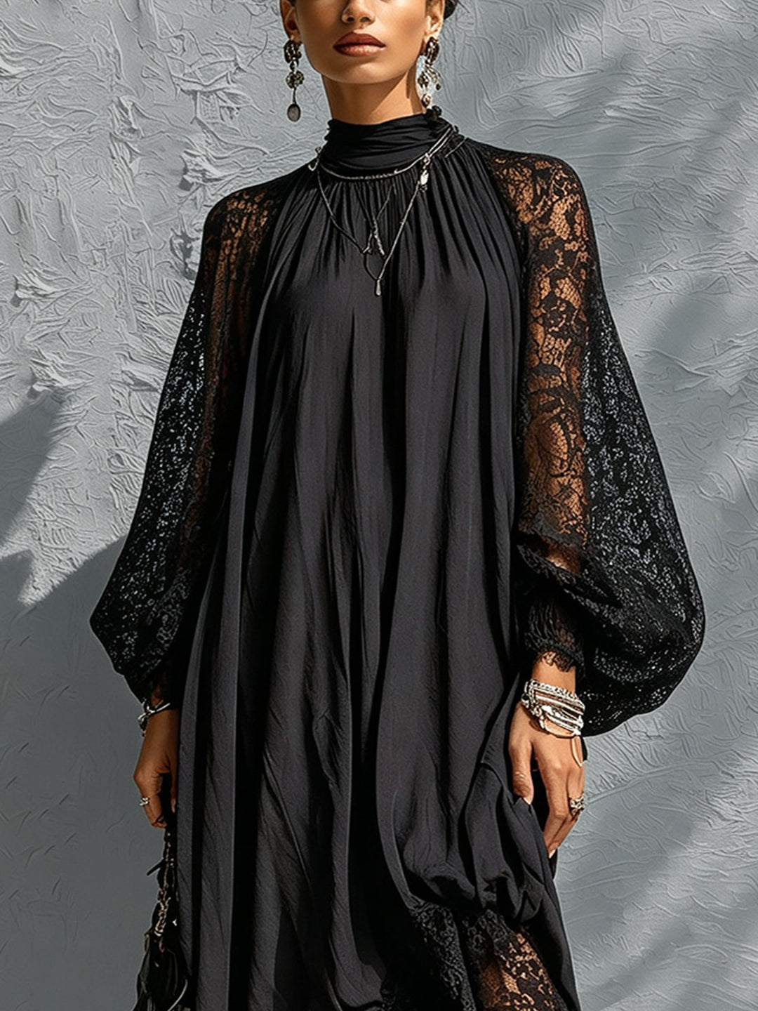 Women's Linen Mock Neck Lace Patchwork Maxi Kaftan Dress