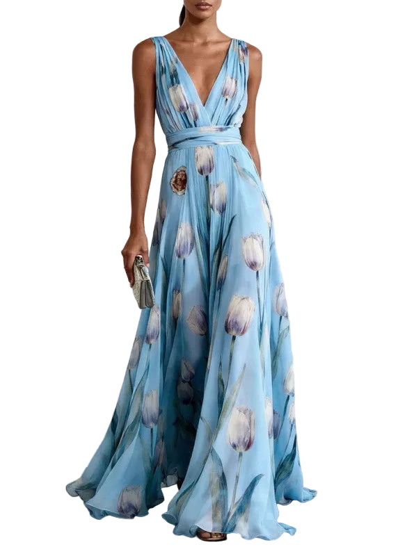 Robe longue fleurie sans manches en mousseline, à encolure en V profond
