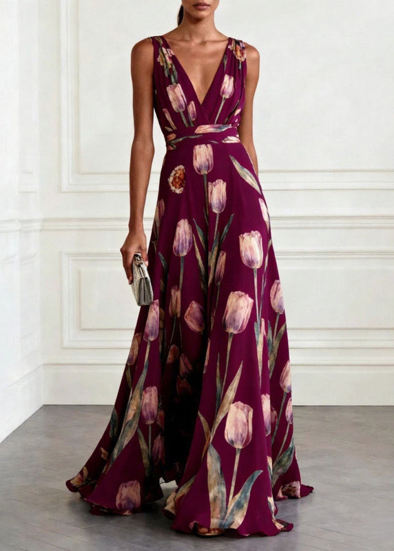 Robe longue fleurie sans manches en mousseline, à encolure en V profond