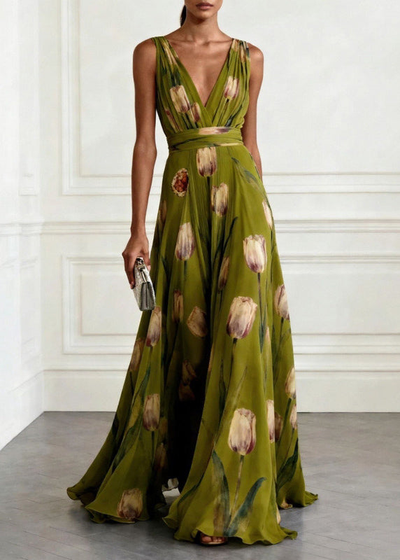 Robe longue fleurie sans manches en mousseline, à encolure en V profond