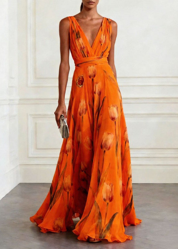 Robe longue fleurie sans manches en mousseline, à encolure en V profond