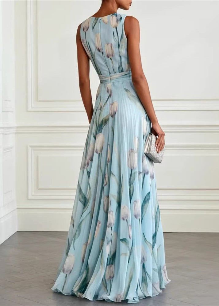 Robe longue fleurie sans manches en mousseline, à encolure en V profond