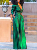 Women's Metallic Wide Leg Jumpsuit V Neck Party Dressy Romper
