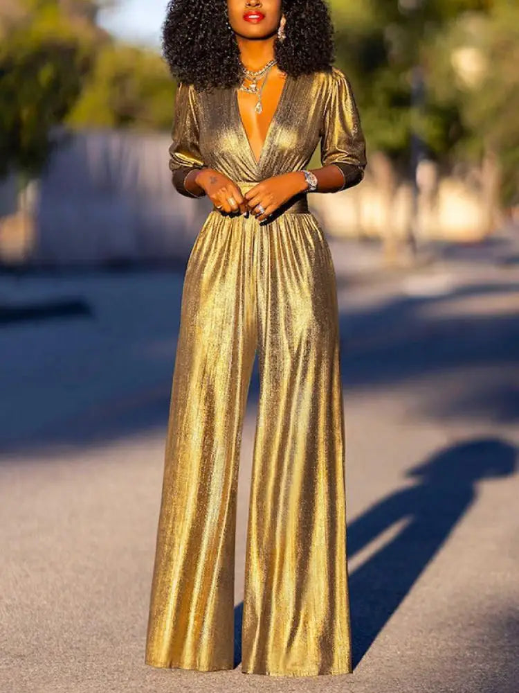 Women's Metallic Wide Leg Jumpsuit V Neck Party Dressy Romper