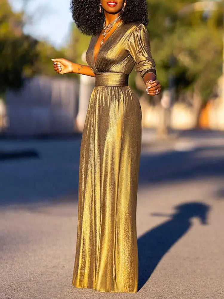 Women's Metallic Wide Leg Jumpsuit V Neck Party Dressy Romper