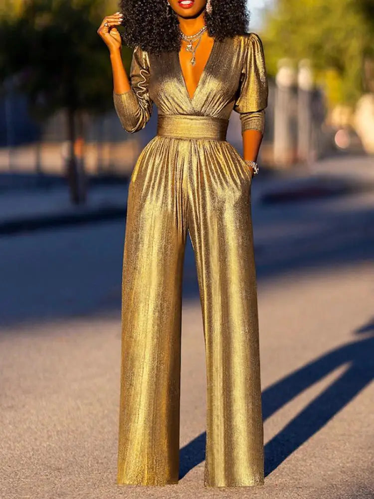 Women's Metallic Wide Leg Jumpsuit V Neck Party Dressy Romper