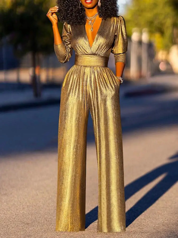 Women's Metallic Wide Leg Jumpsuit V Neck Party Dressy Romper
