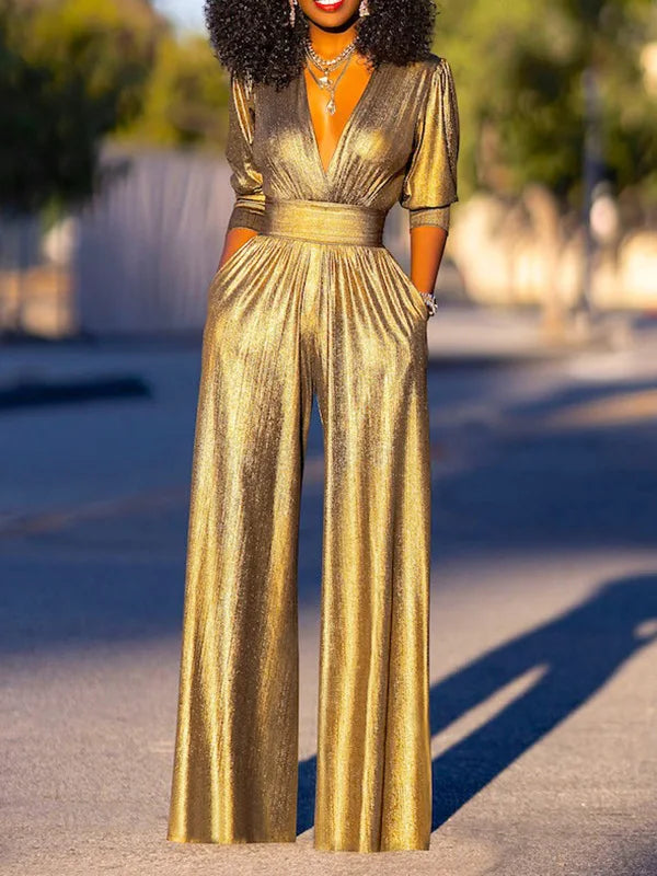 Women's Metallic Wide Leg Jumpsuit V Neck Party Dressy Romper