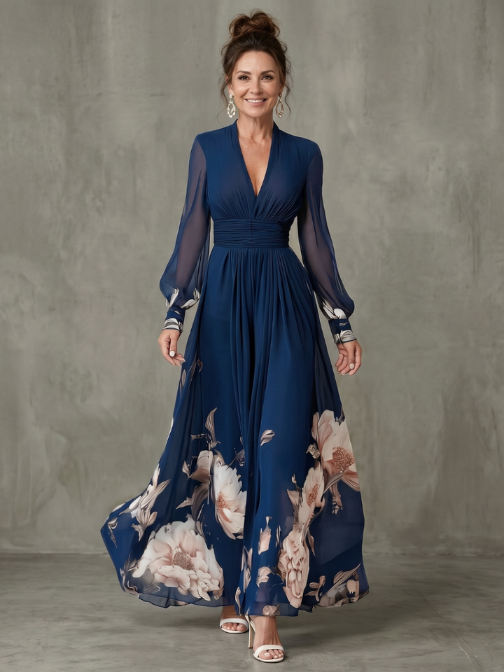 Women's Chiffon Long Sleeve V Neck Floral Maxi Dress
