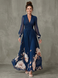 Women's Chiffon Long Sleeve V Neck Floral Maxi Dress