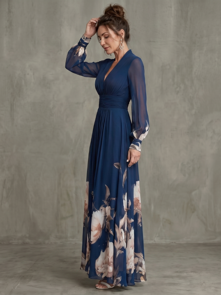 Women's Chiffon Long Sleeve V Neck Floral Maxi Dress
