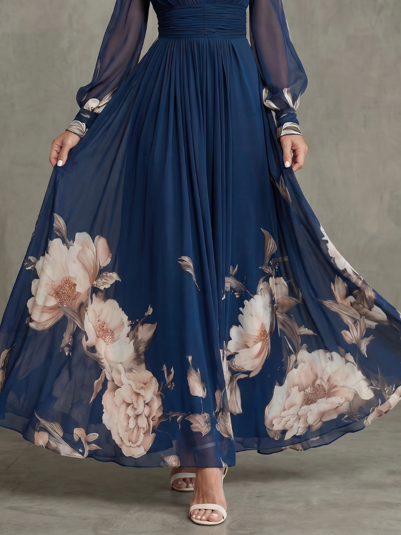 Women's Chiffon Long Sleeve V Neck Floral Maxi Dress