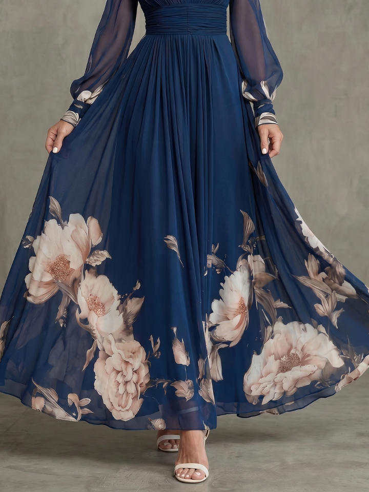 Women's Chiffon Long Sleeve V Neck Floral Maxi Dress