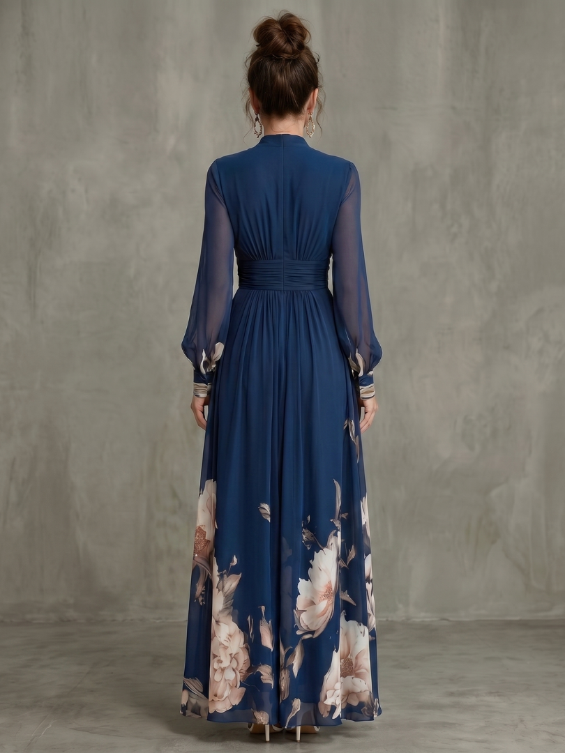 Women's Chiffon Long Sleeve V Neck Floral Maxi Dress