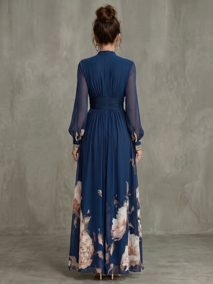 Women's Chiffon Long Sleeve V Neck Floral Maxi Dress