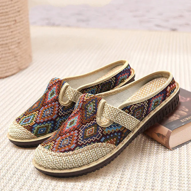 Mules plates sans arrière, style mocassins, en toile tissée pour femmes