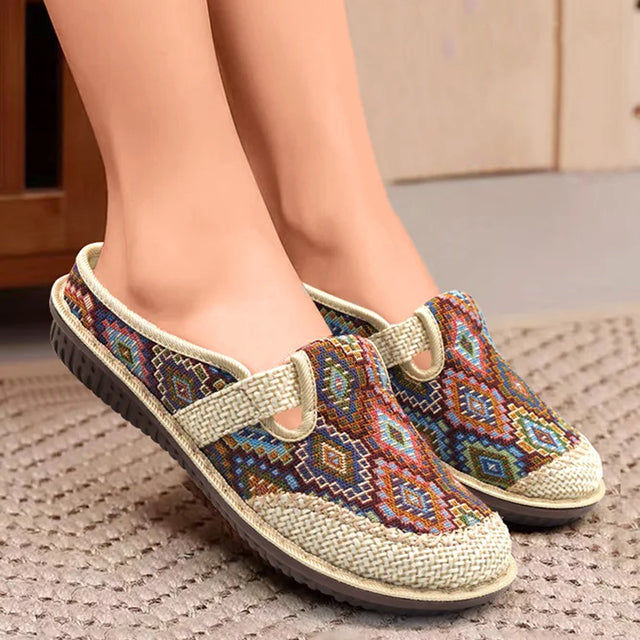 Mules plates sans arrière, style mocassins, en toile tissée pour femmes