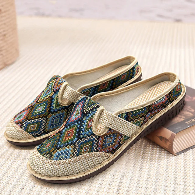 Mules plates sans arrière, style mocassins, en toile tissée pour femmes