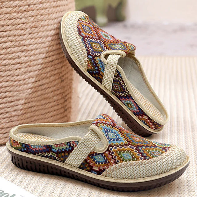 Mules plates sans arrière, style mocassins, en toile tissée pour femmes
