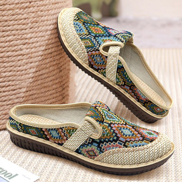 Mules plates sans arrière, style mocassins, en toile tissée pour femmes
