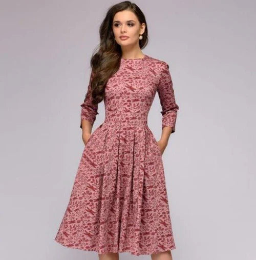 Damska satynowa sukienka midi w kwiaty z rękawem 3/4 w stylu vintage
