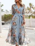 Women's Chiffon Floral Wrap Wedding Guest Party Maxi Dress