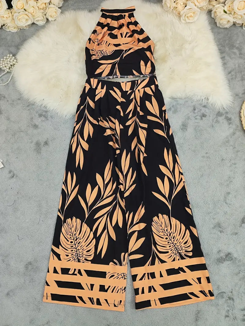 Women's Silk Halter Wide-Leg Two-Piece Set
