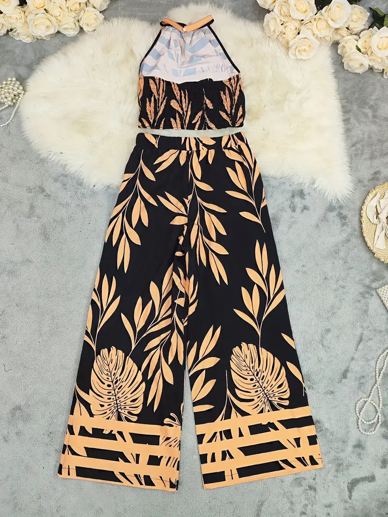 Women's Silk Halter Wide-Leg Two-Piece Set