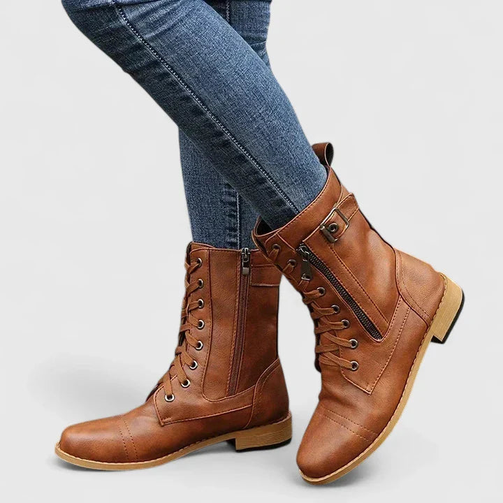 Women's Leather Combat Ankle Mid Calf Boots