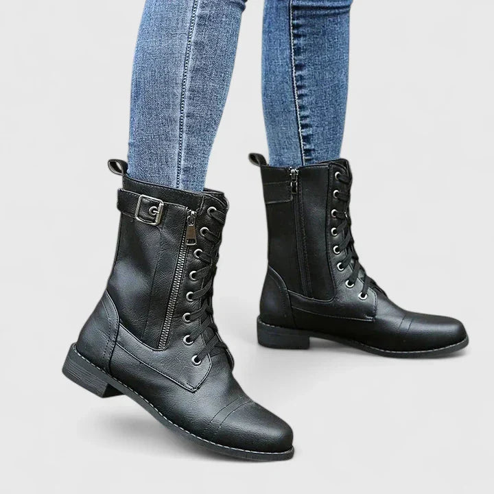 Women's Leather Combat Ankle Mid Calf Boots
