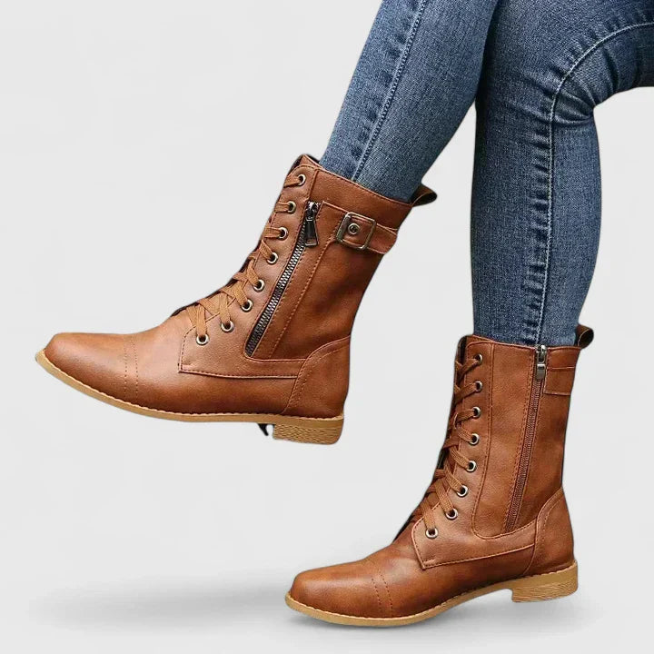 Women's Leather Combat Ankle Mid Calf Boots