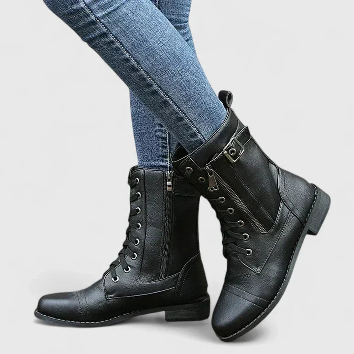 Women's Leather Combat Ankle Mid Calf Boots