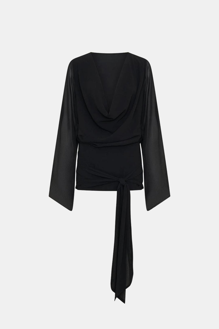 Women's Silk Cowl Neck Draped Long Sleeve Mini Dress