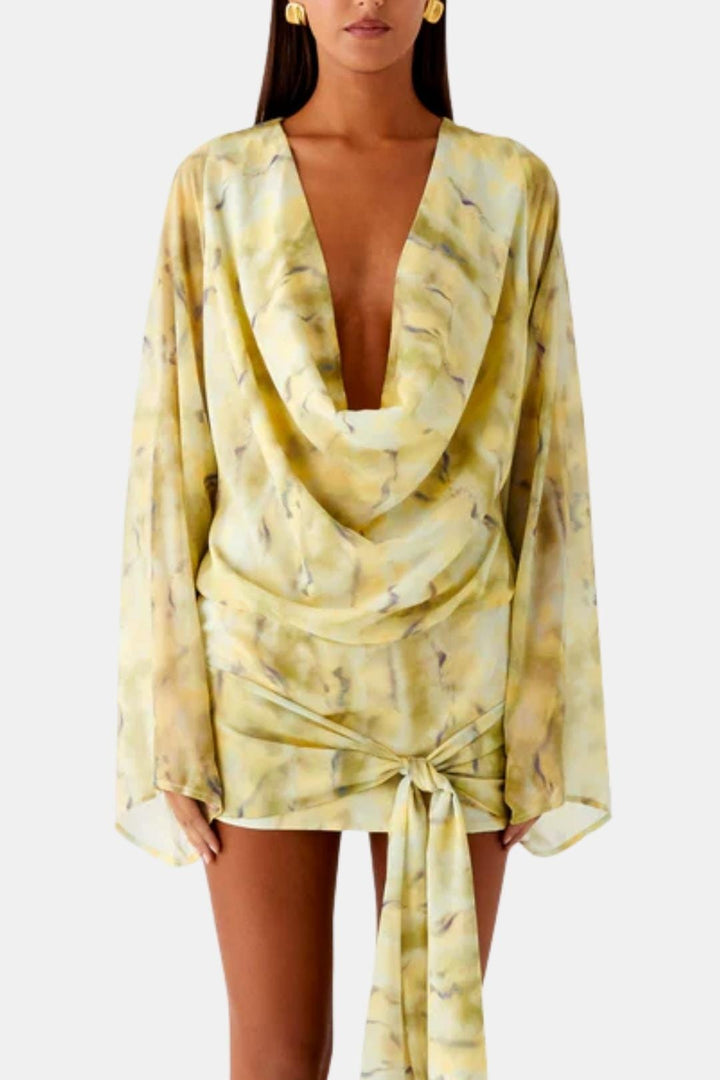 Women's Silk Cowl Neck Draped Long Sleeve Mini Dress