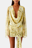 Women's Silk Cowl Neck Draped Long Sleeve Mini Dress