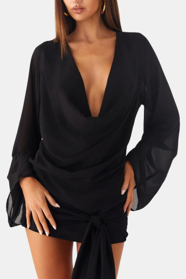 Women's Silk Cowl Neck Draped Long Sleeve Mini Dress