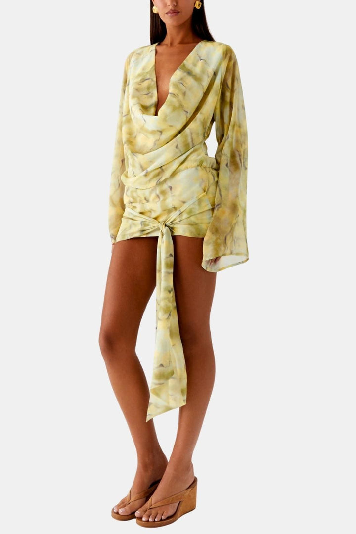 Women's Silk Cowl Neck Draped Long Sleeve Mini Dress