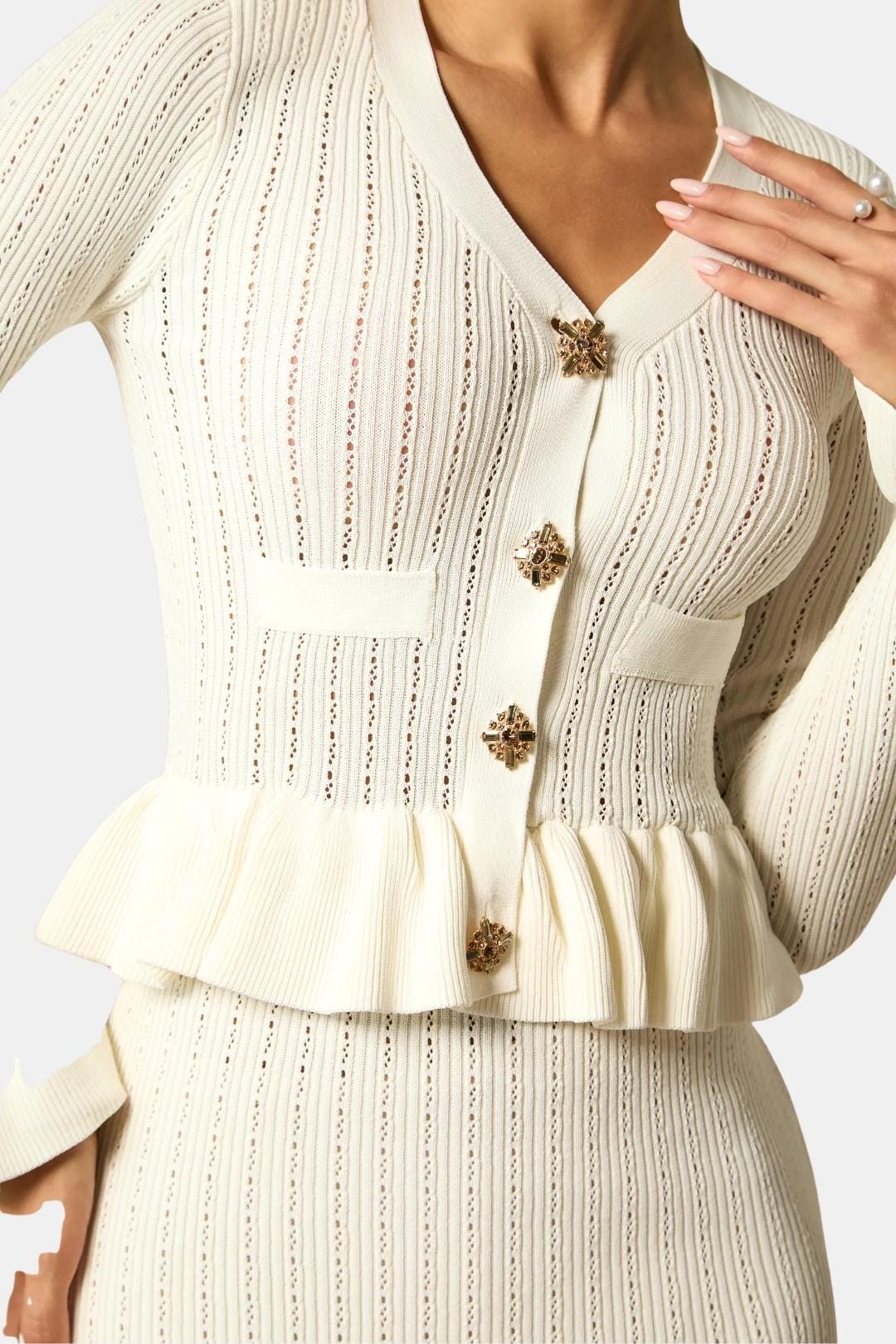 Dámská pletená dvoudílná souprava s dlouhými rukávy a peplum střihem