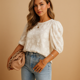 Women's Blouse Chiffon Puff Sleeve Floral Crew Neck Top