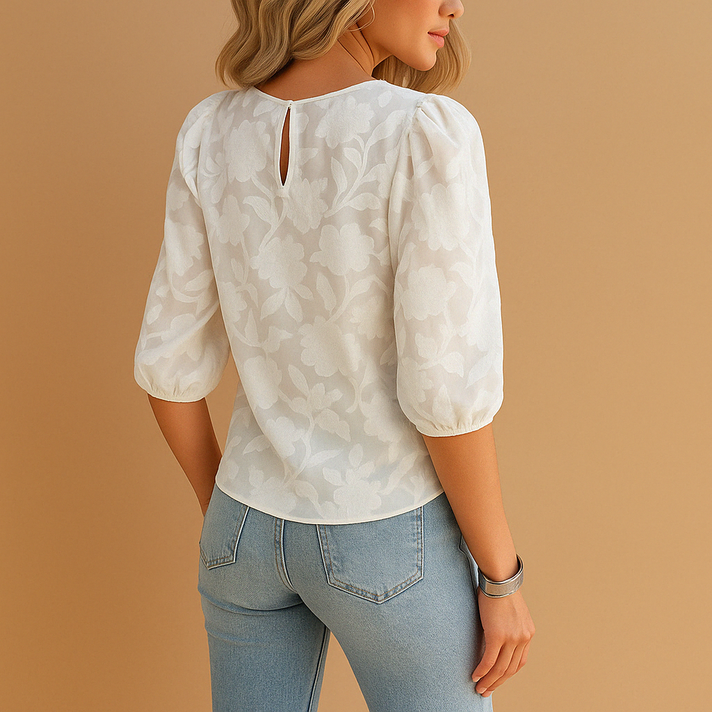 Women's Blouse Chiffon Puff Sleeve Floral Crew Neck Top