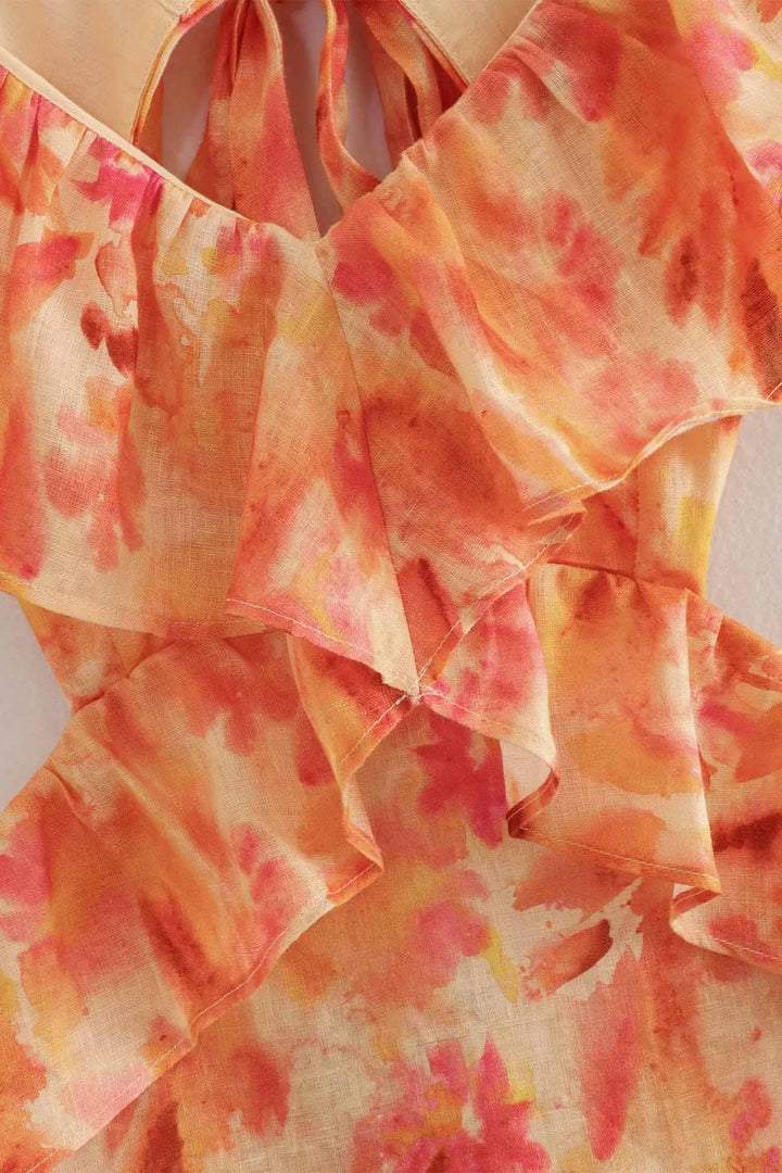 Robe maxi en lin pour femme à fleurs, dos nu avec découpe et volants, col halter