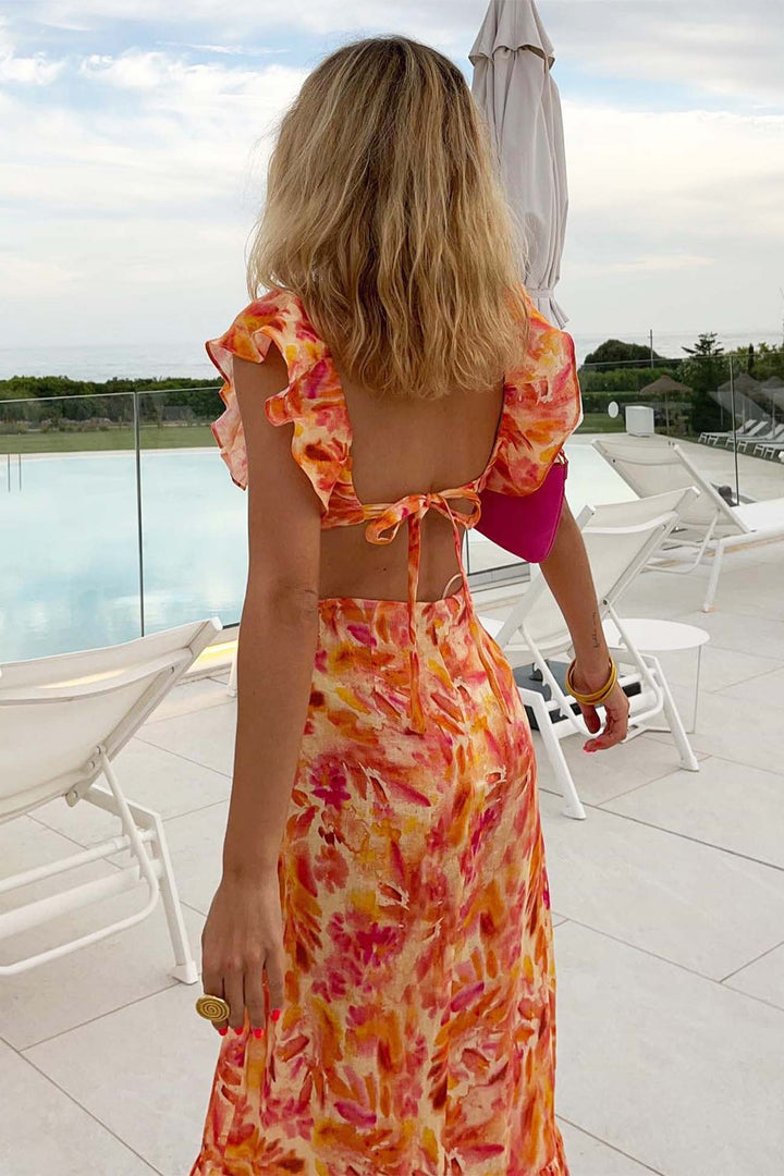 Robe maxi en lin pour femme à fleurs, dos nu avec découpe et volants, col halter