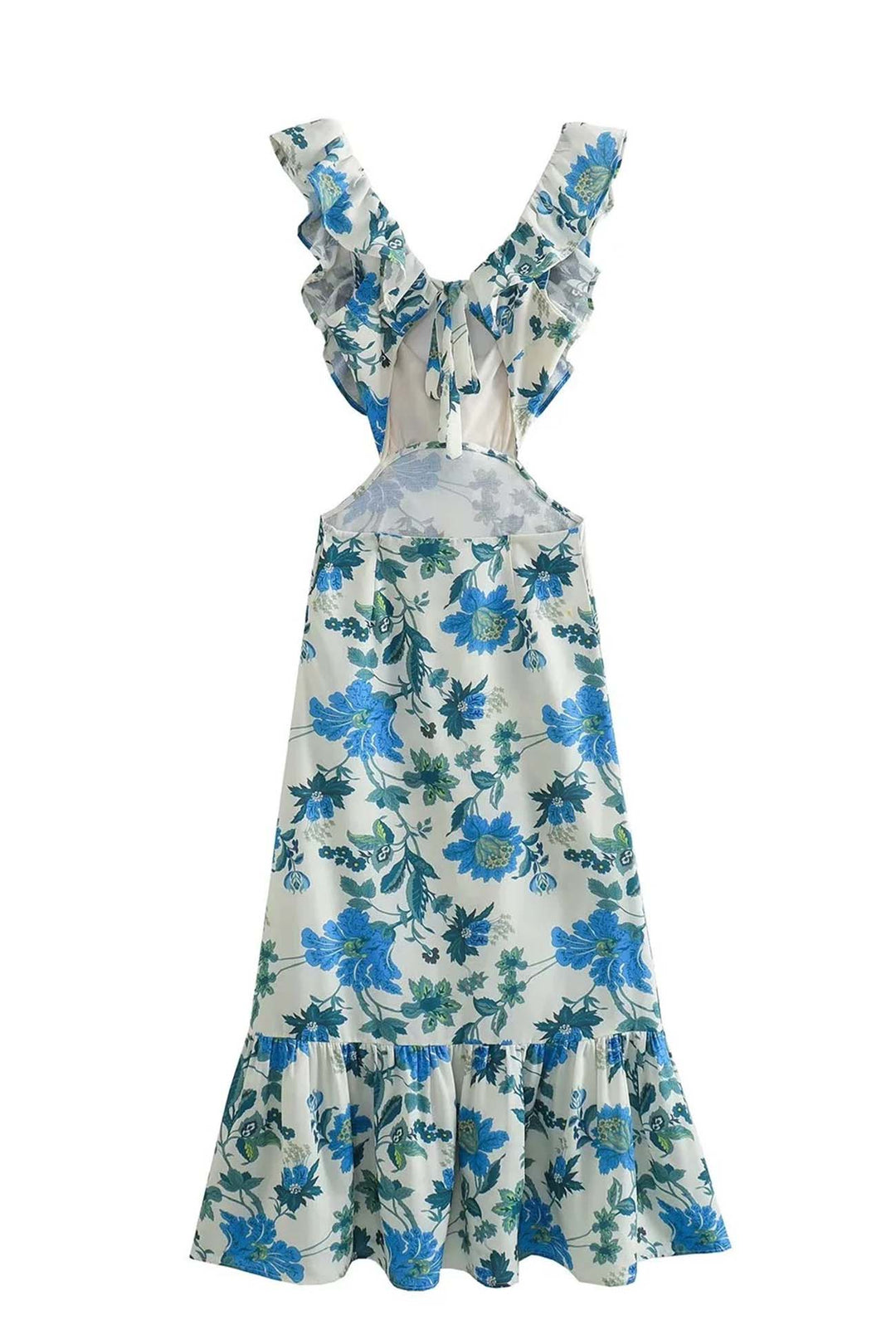 Robe maxi en lin pour femme à fleurs, dos nu avec découpe et volants, col halter