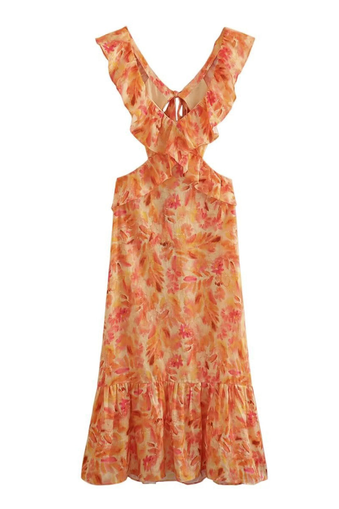 Robe maxi en lin pour femme à fleurs, dos nu avec découpe et volants, col halter