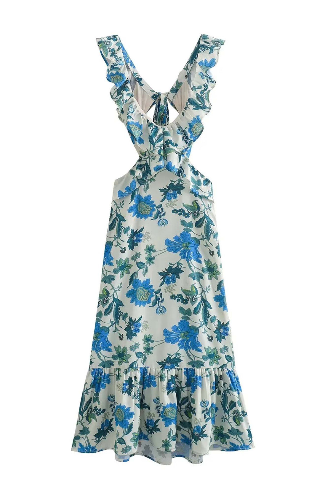 Robe maxi en lin pour femme à fleurs, dos nu avec découpe et volants, col halter