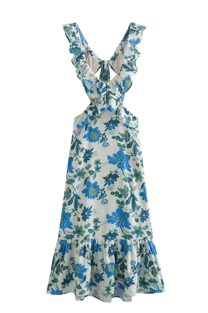 Robe maxi en lin pour femme à fleurs, dos nu avec découpe et volants, col halter