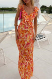 Robe maxi en lin pour femme à fleurs, dos nu avec découpe et volants, col halter