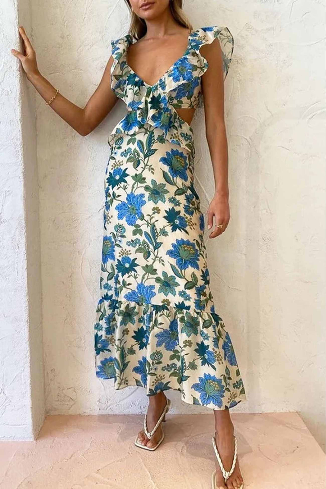 Robe maxi en lin pour femme à fleurs, dos nu avec découpe et volants, col halter