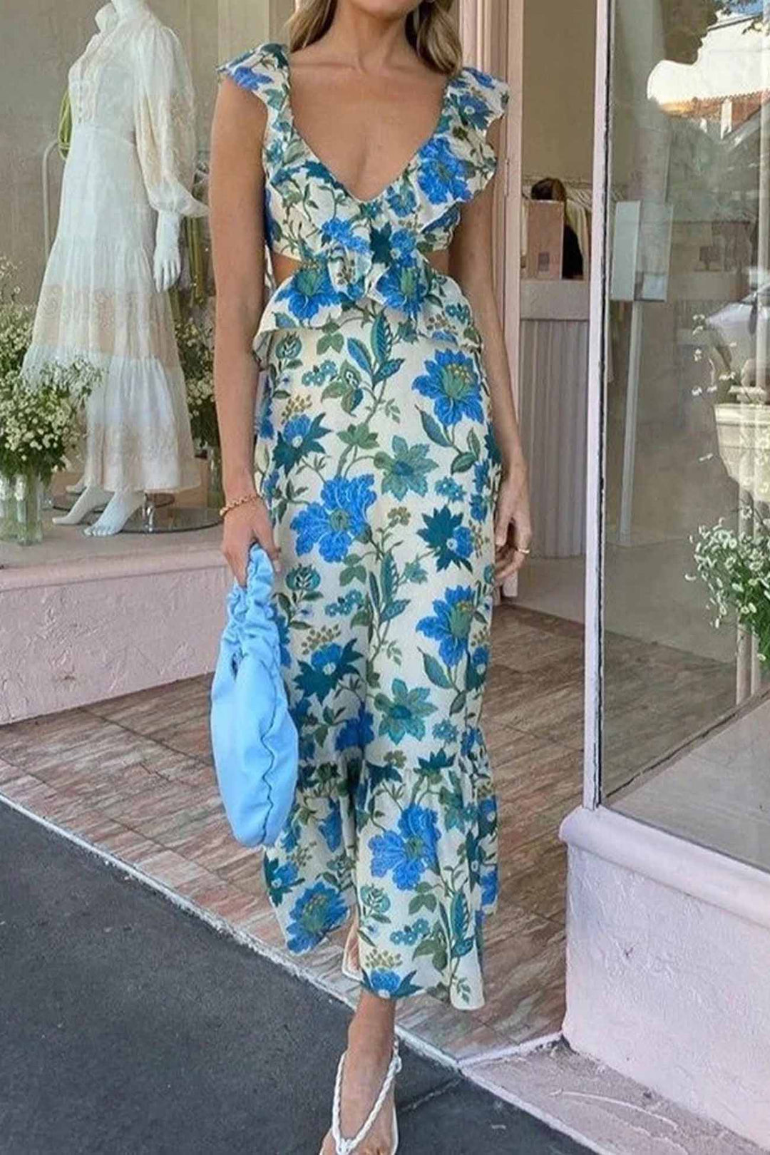 Robe maxi en lin pour femme à fleurs, dos nu avec découpe et volants, col halter