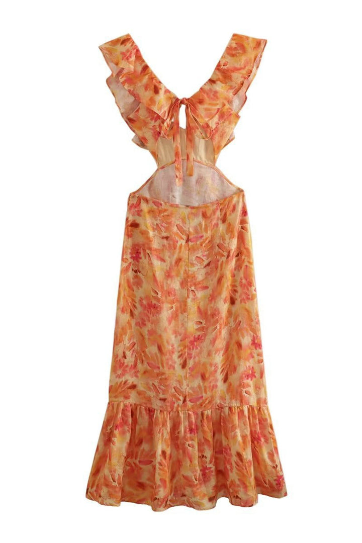 Robe maxi en lin pour femme à fleurs, dos nu avec découpe et volants, col halter